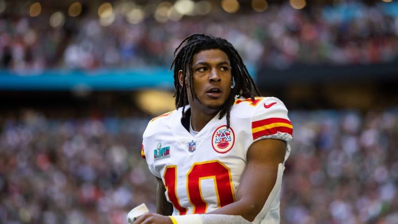 Feb 12, 2023; Glendale, Arizona, US; Kansas City Chiefs running back Isiah Pacheco (10) against the Philadelphia Eagles during Super Bowl LVII at State Farm Stadium. Mandatory Credit: Mark J. Rebilas-USA TODAY Sports