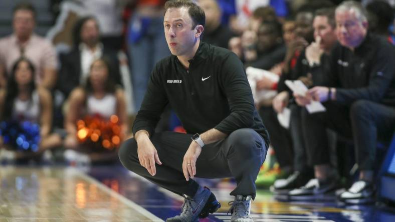 Feb 22, 2023; Boise, Idaho, USA; New Mexico Lobos head coach Richard Pitino looks on during the second half against the Boise State Broncos at ExtraMile Arena. Mandatory Credit: Brian Losness-USA TODAY Sports