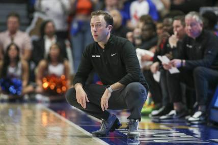 Feb 22, 2023; Boise, Idaho, USA; New Mexico Lobos head coach Richard Pitino looks on during the second half against the Boise State Broncos at ExtraMile Arena. Mandatory Credit: Brian Losness-USA TODAY Sports