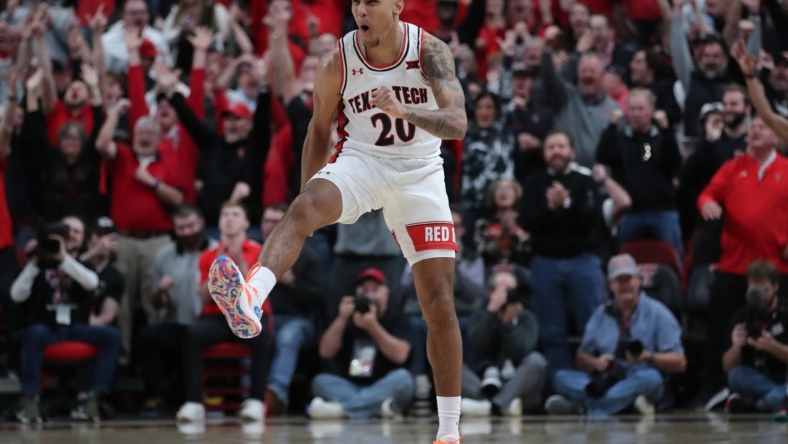 Feb 25, 2023; Lubbock, Texas, USA; Texas Tech Red Raiders guard Jaylon Tyson (20) reacts after a shot against the TCU Horned Frogs in the second half at United Supermarkets Arena. Mandatory Credit: Michael C. Johnson-USA TODAY Sports