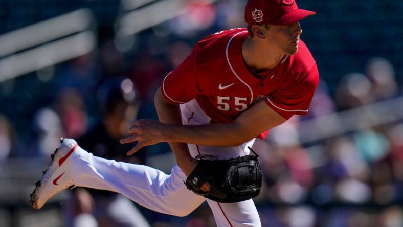 Cincinnati Reds relief pitcher Brandon Williamson (55) throws a pitch in the first inning of the MLB Cactus League spring training game between the Cincinnati Reds and the Cleveland Guardians at Goodyear Ballpark in Goodyear, Ariz., on Saturday, Feb. 25, 2023.

Cleveland Guardians At Cincinnati Reds Spring Training