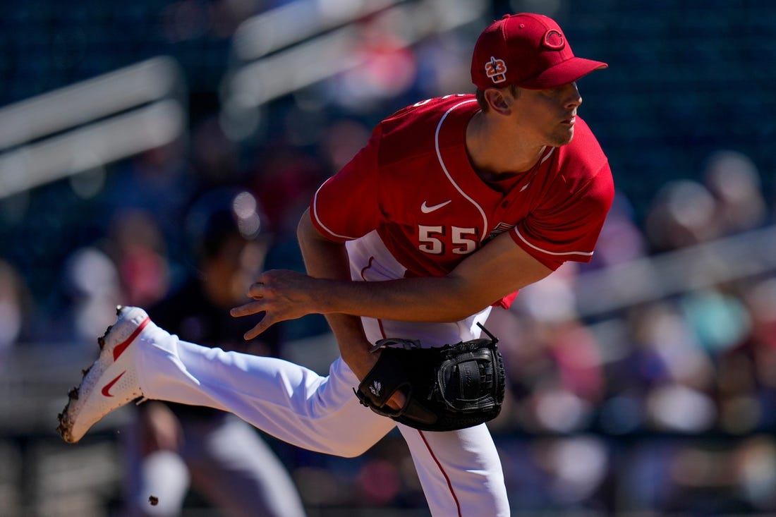 Cincinnati Reds relief pitcher Brandon Williamson (55) throws a pitch in the first inning of the MLB Cactus League spring training game between the Cincinnati Reds and the Cleveland Guardians at Goodyear Ballpark in Goodyear, Ariz., on Saturday, Feb. 25, 2023.

Cleveland Guardians At Cincinnati Reds Spring Training