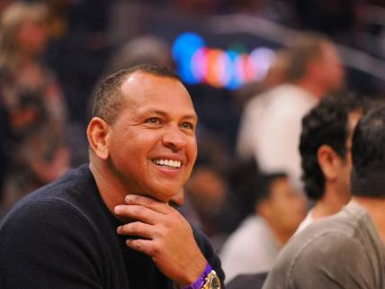 Feb 26, 2023; San Francisco, California, USA; Retired baseball player Alex Rodriguez sits court side before the game between the Golden State Warriors and Minnesota Timberwolves at Chase Center. Mandatory Credit: Kelley L Cox-USA TODAY Sports