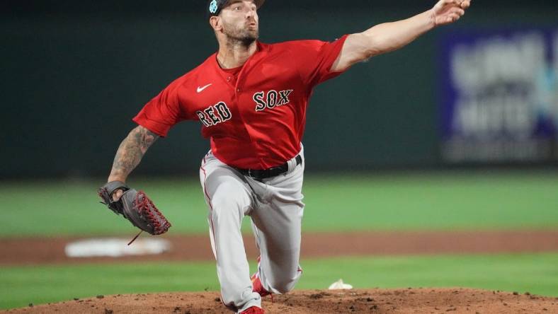 Feb 28, 2023; Jupiter, Florida, USA; Boston Red Sox pitcher Ryan Sherriff (71) pitches against the Miami Marlins in the fourth inning at Roger Dean Stadium. Mandatory Credit: Jim Rassol-USA TODAY Sports