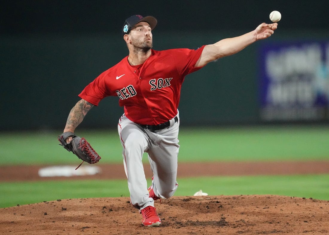 Feb 28, 2023; Jupiter, Florida, USA; Boston Red Sox pitcher Ryan Sherriff (71) pitches against the Miami Marlins in the fourth inning at Roger Dean Stadium. Mandatory Credit: Jim Rassol-USA TODAY Sports
