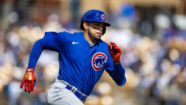 Feb 26, 2023; Phoenix, Arizona, USA; Chicago Cubs shortstop Christopher Morel against the Los Angeles Dodgers during a spring training game at Camelback Ranch-Glendale. Mandatory Credit: Mark J. Rebilas-USA TODAY Sports