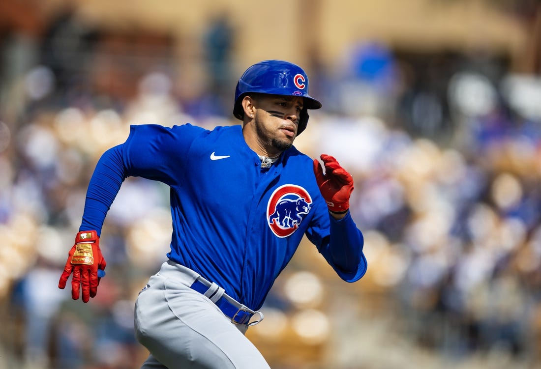 Feb 26, 2023; Phoenix, Arizona, USA; Chicago Cubs shortstop Christopher Morel against the Los Angeles Dodgers during a spring training game at Camelback Ranch-Glendale. Mandatory Credit: Mark J. Rebilas-USA TODAY Sports