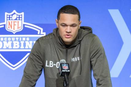 Mar 1, 2023; Indianapolis, IN, USA; Army linebacker Andre Carter Ii (LB06) speaks to the press at the NFL Combine at Lucas Oil Stadium. Mandatory Credit: Trevor Ruszkowski-USA TODAY Sports
