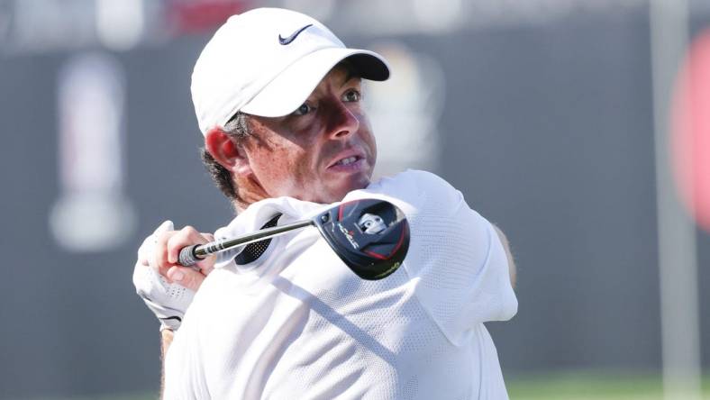 Mar 3, 2023; Orlando, Florida, USA; Rory McIlroy hits his drive on the 18th hole during the second round of the Arnold Palmer Invitational golf tournament. Mandatory Credit: Reinhold Matay-USA TODAY Sports