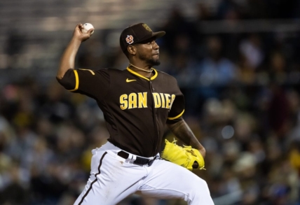 Mar 3, 2023; Peoria, Arizona, USA; San Diego Padres pitcher Julio Teheran against the Chicago Cubs during a spring training game at Peoria Sports Complex. Mandatory Credit: Mark J. Rebilas-USA TODAY Sports