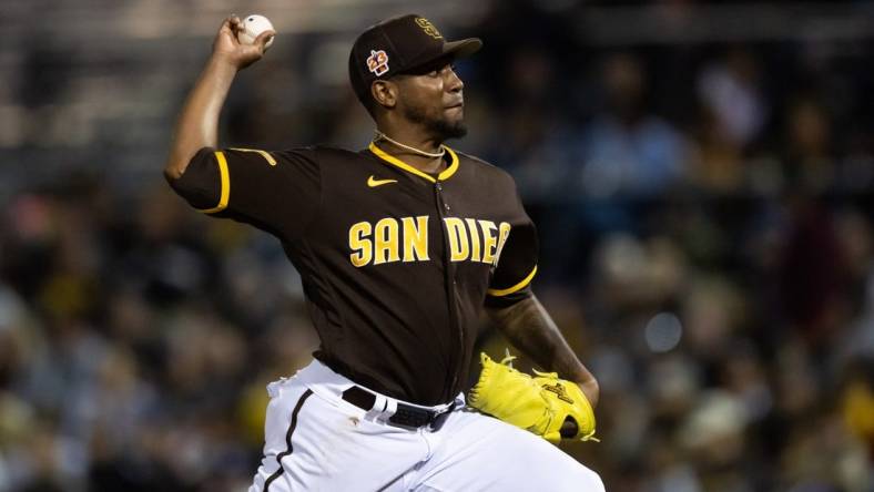 Mar 3, 2023; Peoria, Arizona, USA; San Diego Padres pitcher Julio Teheran against the Chicago Cubs during a spring training game at Peoria Sports Complex. Mandatory Credit: Mark J. Rebilas-USA TODAY Sports