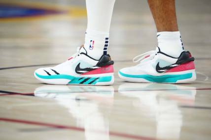 Mar 3, 2023; Denver, Colorado, USA; A detailed view of the shoes worn by Memphis Grizzlies guard Ja Morant (12) during the second half against the Denver Nuggets at Ball Arena. Mandatory Credit: Ron Chenoy-USA TODAY Sports