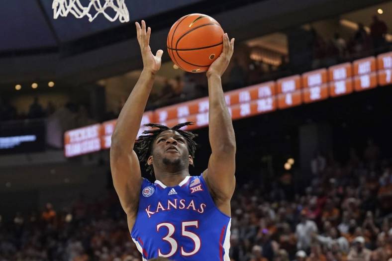 Feb 21, 2023; Austin, Texas, USA; Kansas Jayhawks forward Zuby Ejiofor (35) attempts a layup during the second half against the Texas Longhorns at Moody Center. Mandatory Credit: Scott Wachter-USA TODAY Sports