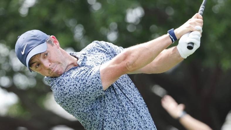 Mar 5, 2023; Orlando, Florida, USA; Rory McIlroy hits his drive on the first hole during the final round of the Arnold Palmer Invitational golf tournament. Mandatory Credit: Reinhold Matay-USA TODAY Sports