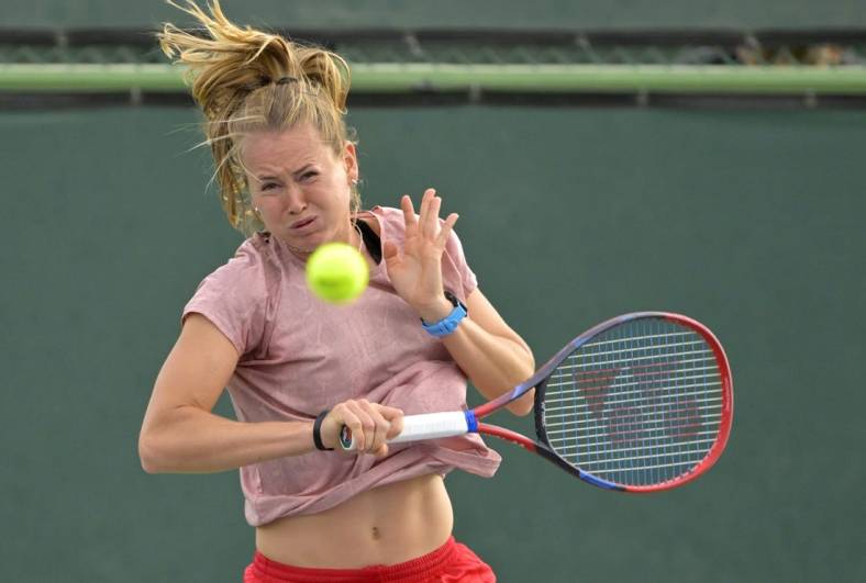 Mar 6, 2023; Indian Wells, CA, USA; Marie Bouzkova hits on the practice courts during day 1 of the BNP Paribas Open at the Indian Well Tennis Garden. Mandatory Credit: Jayne Kamin-Oncea-USA TODAY Sports