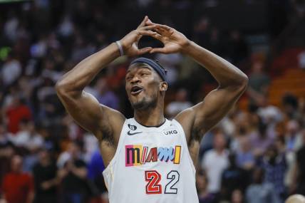 Mar 8, 2023; Miami, Florida, USA; Miami Heat forward Jimmy Butler (22) reacts to a play during the fourth quarter against the Cleveland Cavaliers at Miami-Dade Arena. Mandatory Credit: Sam Navarro-USA TODAY Sports