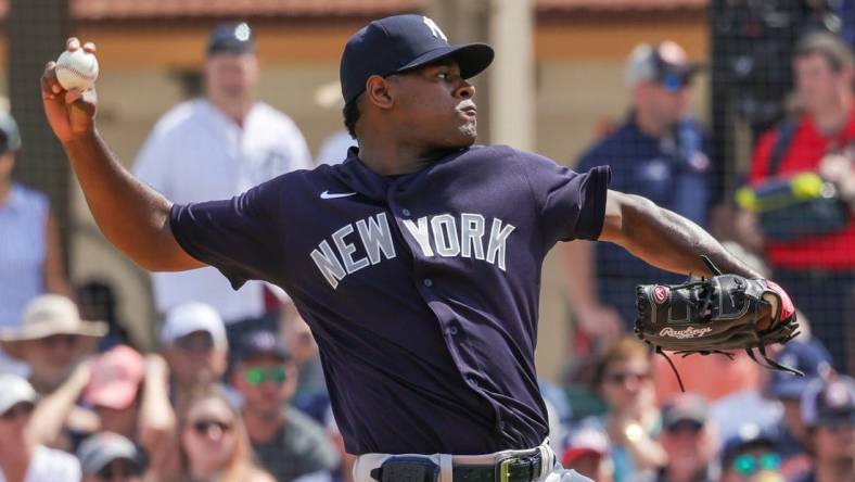 Mar 10, 2023; Lakeland, Florida, USA; New York Yankees starting pitcher Luis Severino (40) pitches during the first inning against the Detroit Tigers at Publix Field at Joker Marchant Stadium. Mandatory Credit: Mike Watters-USA TODAY Sports