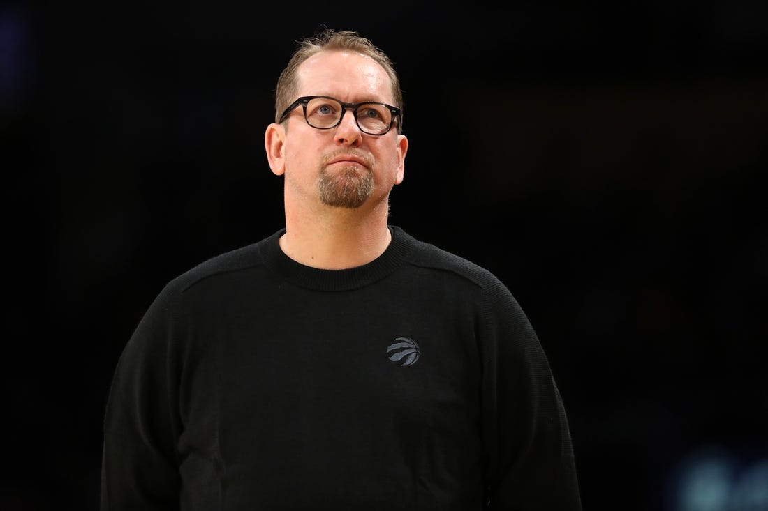 Mar 10, 2023; Los Angeles, California, USA;  Toronto Raptors head coach Nick Nurse during the game against the Los Angeles Lakers at Crypto.com Arena. Mandatory Credit: Kiyoshi Mio-USA TODAY Sports