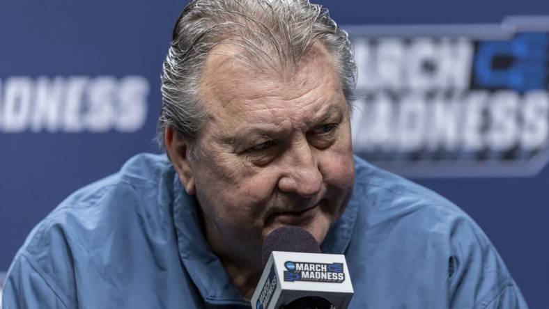 Mar 15, 2023; Birmingham, AL, USA; West Virginia Mountaineers head coach Bob Huggins talks with the media before practice at Legacy Arena. Mandatory Credit: Vasha Hunt-USA TODAY Sports