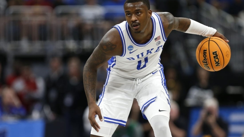 Mar 16, 2023; Orlando, FL, USA; Duke Blue Devils forward Dariq Whitehead (0) dribbles the ball during the second half against the Oral Roberts Golden Eagles at Amway Center. Mandatory Credit: Russell Lansford-USA TODAY Sports