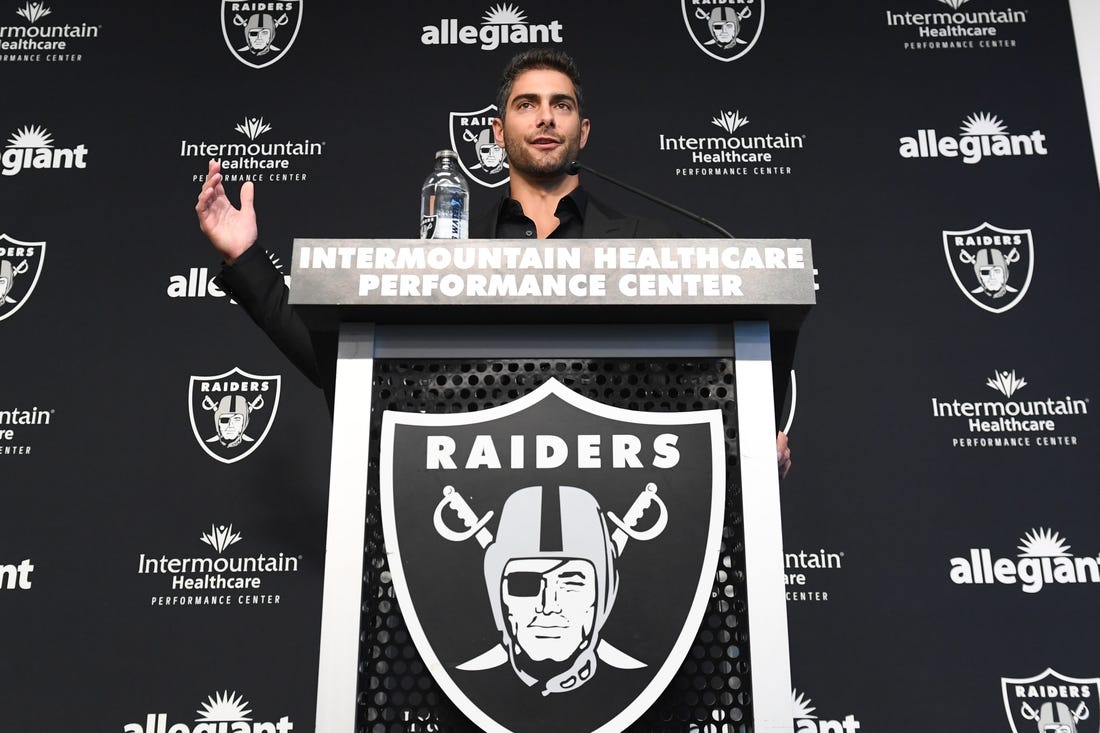 Mar 17, 2023; Henderson, NV, USA; New Las Vegas Raiders quarterback Jimmy Garoppolo speaks to the media at Intermountain Healthcare Performance Center. Mandatory Credit: Candice Ward-USA TODAY Sports