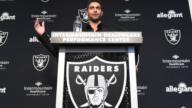 Mar 17, 2023; Henderson, NV, USA; New Las Vegas Raiders quarterback Jimmy Garoppolo speaks to the media at Intermountain Healthcare Performance Center. Mandatory Credit: Candice Ward-USA TODAY Sports