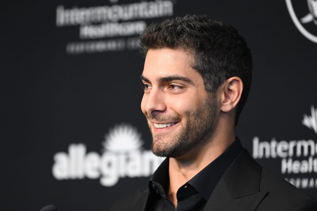 Mar 17, 2023; Henderson, NV, USA; New Las Vegas Raiders quarterback Jimmy Garoppolo speaks to the media at Intermountain Healthcare Performance Center. Mandatory Credit: Candice Ward-USA TODAY Sports