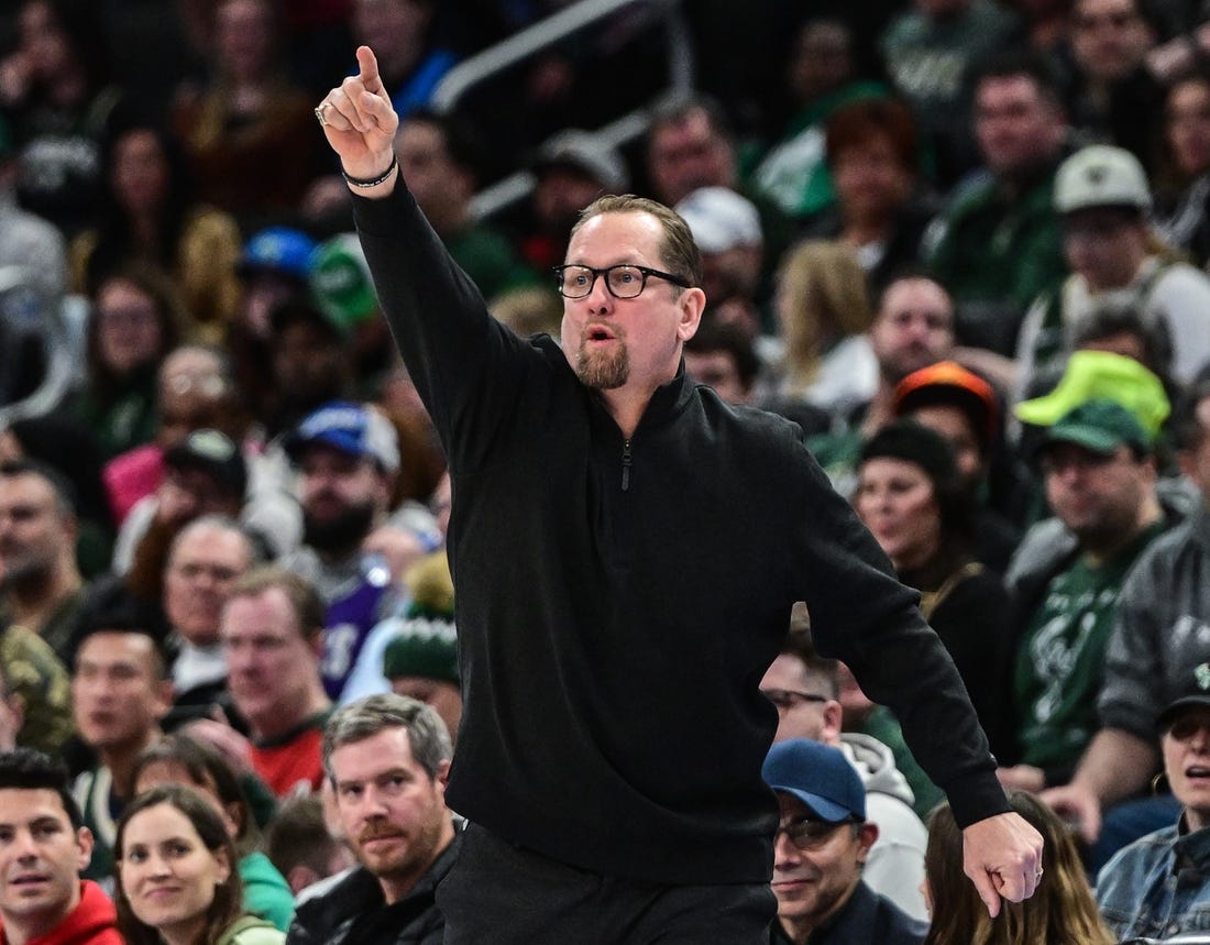 Mar 19, 2023; Milwaukee, Wisconsin, USA;  Toronto Raptors head coach Nick Nurse calls a play in the third quarter during game against the Milwaukee Bucks at Fiserv Forum. Mandatory Credit: Benny Sieu-USA TODAY Sports