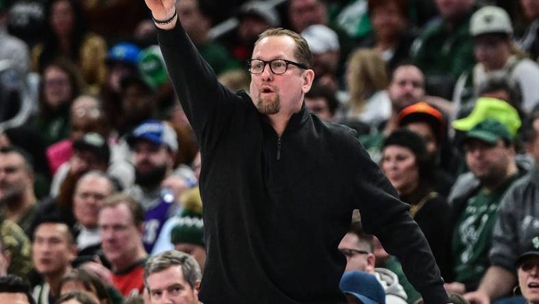 Mar 19, 2023; Milwaukee, Wisconsin, USA;  Toronto Raptors head coach Nick Nurse calls a play in the third quarter during game against the Milwaukee Bucks at Fiserv Forum. Mandatory Credit: Benny Sieu-USA TODAY Sports