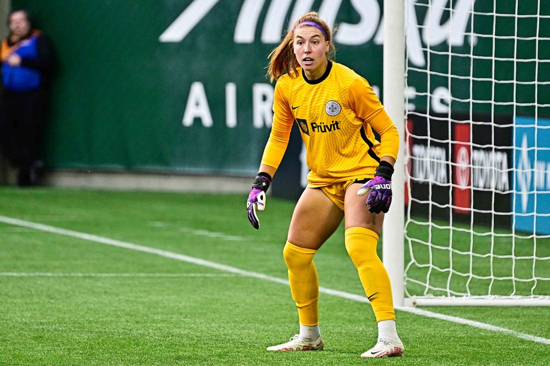 Mar 18, 2023; Portland, Oregon, USA; Racing Louisville goalkeeper Jordyn Bloomer (24) against Racing Louisville at Providence Park. Mandatory Credit: Troy Wayrynen-USA TODAY Sports