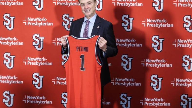 Mar 21, 2023; New York, NY, USA; Rick Pitino is introduced as new St. John   s head coach at Madison Square Garden. Mandatory Credit: Wendell Cruz-USA TODAY Sports