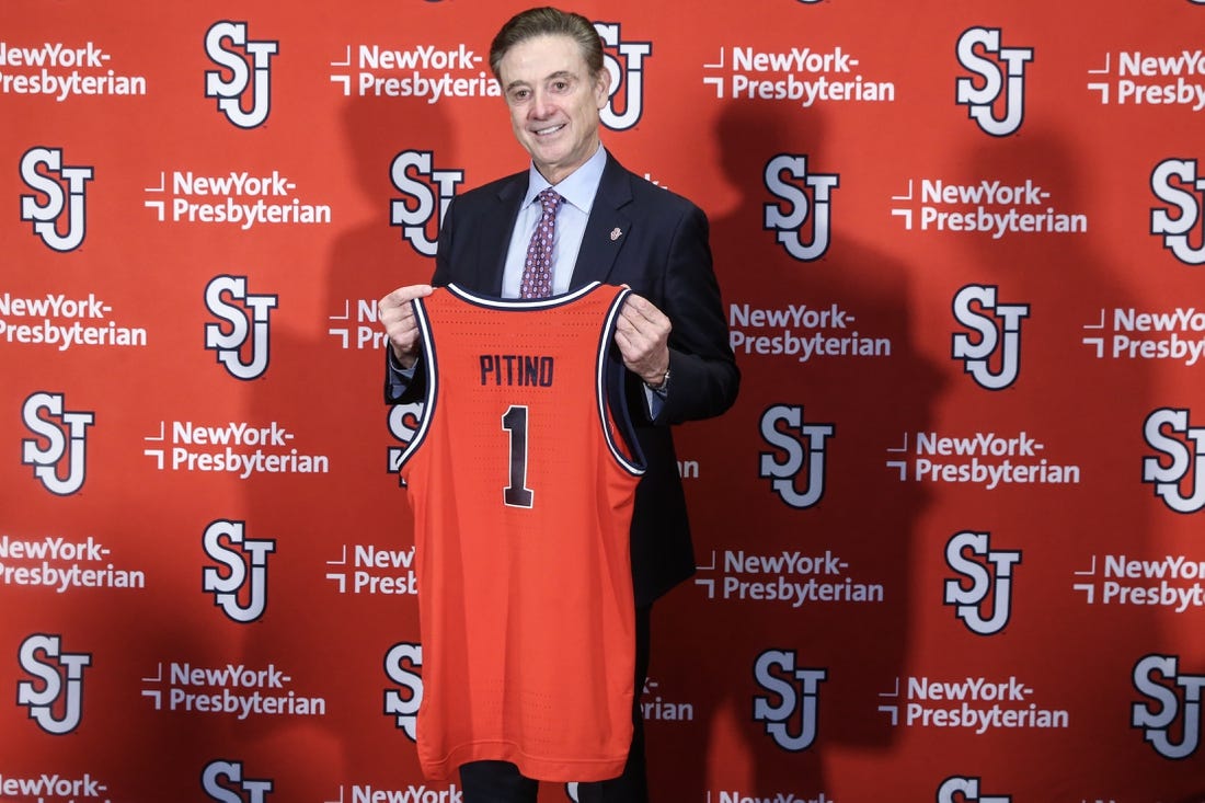 Mar 21, 2023; New York, NY, USA; Rick Pitino is introduced as new St. John   s head coach at Madison Square Garden. Mandatory Credit: Wendell Cruz-USA TODAY Sports