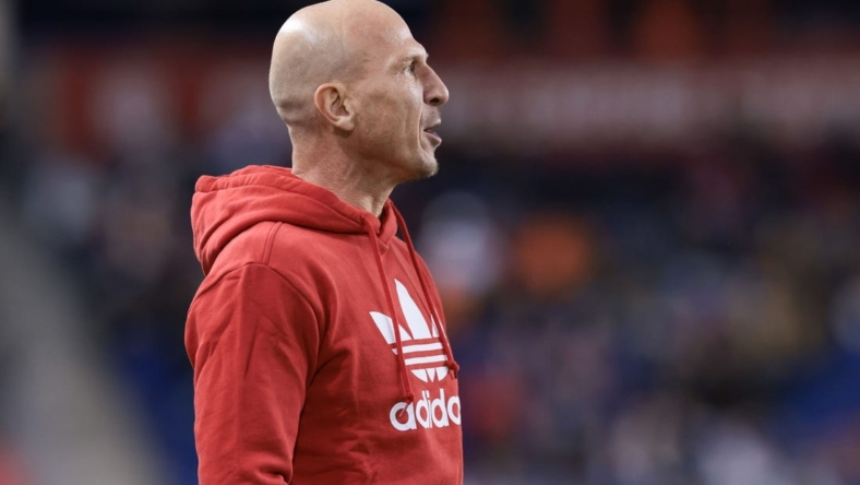 Mar 18, 2023; Harrison, New Jersey, USA; New York Red Bulls manager Gerhard Struber looks on during the first half against the Columbus Crew at Red Bull Arena. Mandatory Credit: Vincent Carchietta-USA TODAY Sports