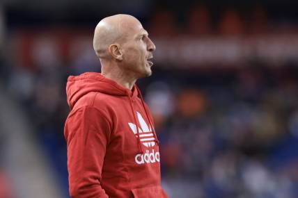 Mar 18, 2023; Harrison, New Jersey, USA; New York Red Bulls manager Gerhard Struber looks on during the first half against the Columbus Crew at Red Bull Arena. Mandatory Credit: Vincent Carchietta-USA TODAY Sports