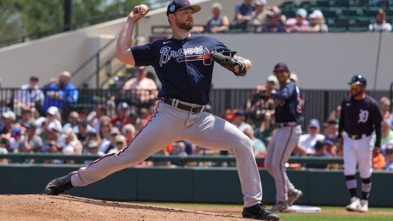 Mar 22, 2023; Lakeland, Florida, USA; Atlanta Braves starting pitcher Mike Soroka (40) throws a pitch during the first inning against the Detroit Tigers at Publix Field at Joker Marchant Stadium. Mandatory Credit: Mike Watters-USA TODAY Sports