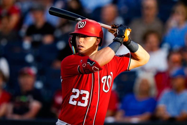 Mar 23, 2023; West Palm Beach, Florida, USA; Washington Nationals left fielder Corey Dickerson (23) at the plate against the Houston Astros during the third inning at The Ballpark of the Palm Beaches. Mandatory Credit: Rich Storry-USA TODAY Sports