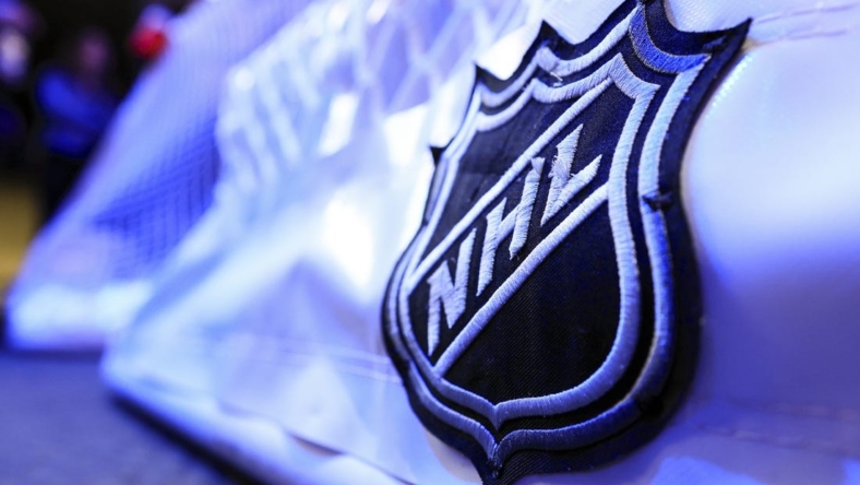Mar 24, 2023; Columbus, Ohio, USA;  The NHL logo is seen on the game net prior to the game between the New York Islanders and the Columbus Blue Jackets at Nationwide Arena. Mandatory Credit: Aaron Doster-USA TODAY Sports