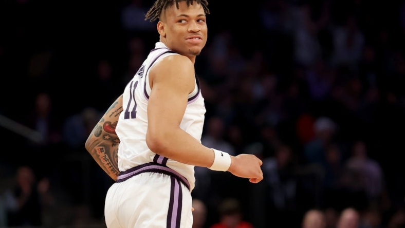 Mar 23, 2023; New York, NY, USA; Kansas State Wildcats forward Keyontae Johnson (11) reacts during the first half against the Michigan State Spartans at Madison Square Garden. Mandatory Credit: Brad Penner-USA TODAY Sports