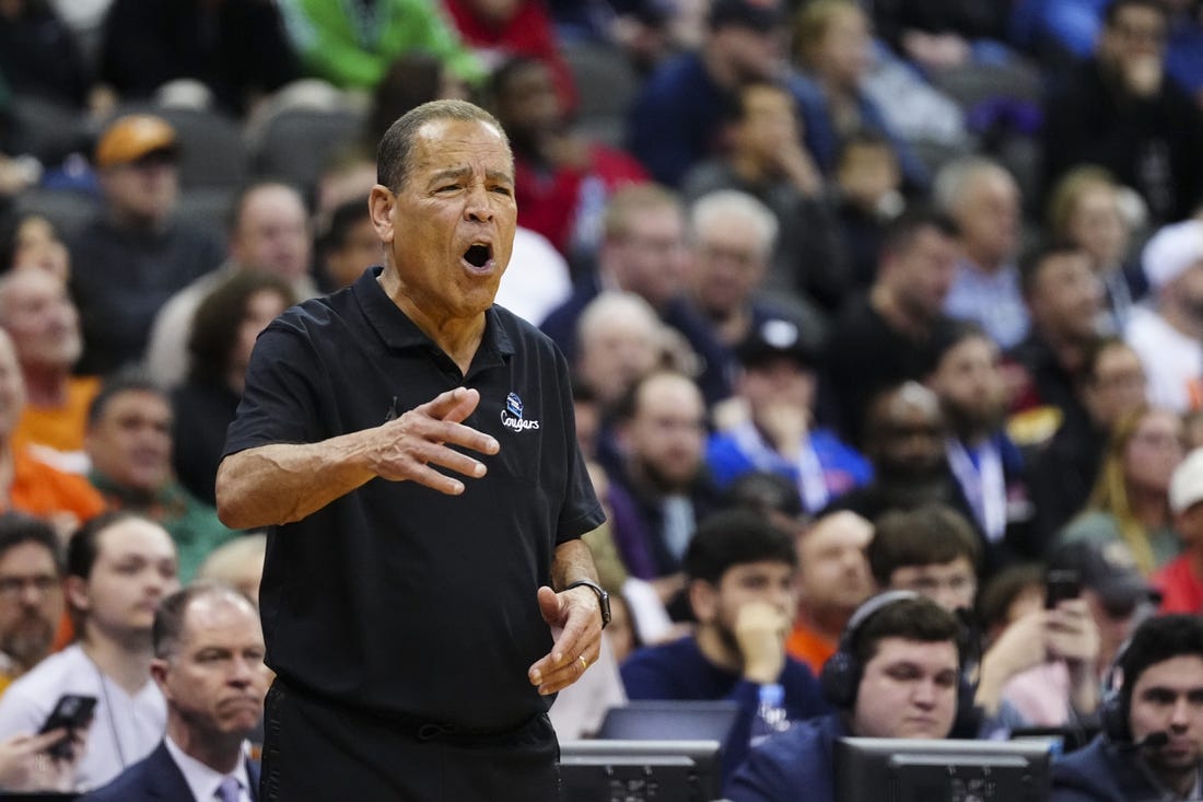 Mar 24, 2023; Kansas City, MO, USA; Houston Cougars head coach Kelvin Sampson reacts during the first half of an NCAA tournament Midwest Regional semifinal against the Miami Hurricanes at T-Mobile Center. Mandatory Credit: Jay Biggerstaff-USA TODAY Sports