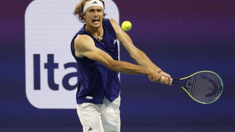 Mar 24, 2023; Miami, Florida, US; Alexander Zverev (GER) hits a backhand against Taro Daniel (JPN) (not pictured) on day five of the Miami Open at Hard Rock Stadium. Mandatory Credit: Geoff Burke-USA TODAY Sports