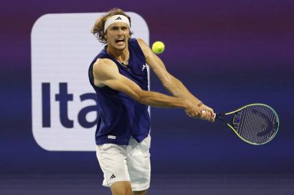 Mar 24, 2023; Miami, Florida, US; Alexander Zverev (GER) hits a backhand against Taro Daniel (JPN) (not pictured) on day five of the Miami Open at Hard Rock Stadium. Mandatory Credit: Geoff Burke-USA TODAY Sports