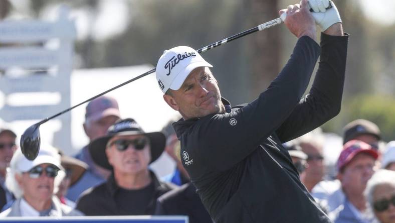 Robert Karlsson tees off on the first hole during the Galleri Classic at Mission Hills Country Club in Rancho Mirage, March 25, 2023.

Galleri Classic Saturday 3