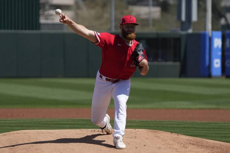 Mar 25, 2023; Tempe, Arizona, USA; Los Angeles Angels pitcher Sam Bachman (83) throws against the Chicago Cubs in the first inning at Tempe Diablo Stadium. Mandatory Credit: Rick Scuteri-USA TODAY Sports