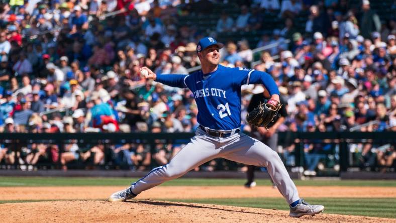 Mar 26, 2023; Mesa, Arizona, USA;  Kansas City pitcher Mike Mayers (21) on the mound in the sixth inning during a spring training game against the Chicago Cubs at Sloan Park. Mandatory Credit: Allan Henry-USA TODAY Sports