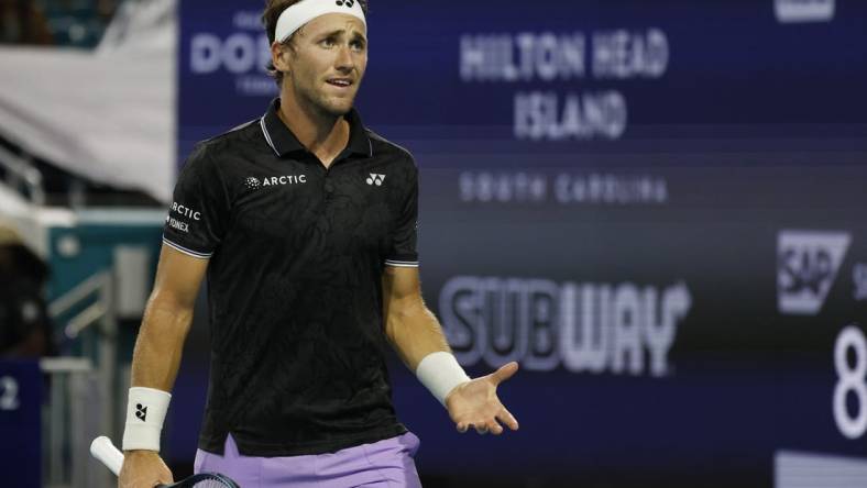 Mar 26, 2023; Miami, Florida, US; Casper Ruud (NOR) reacts after losing a point against Botic van de Zandschulp (NED) (not pictured) on day seven of the Miami Open at Hard Rock Stadium. Mandatory Credit: Geoff Burke-USA TODAY Sports