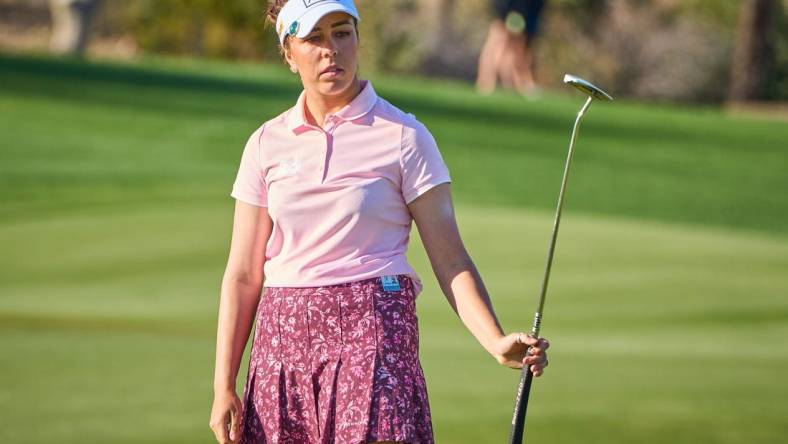 Georgia Hall watches after a putt on the 18th hole during the final round of the LPGA Drive On Championship on the Prospector Course at Superstition Mountain Golf and Country Club in Gold Canyon on March 26, 2023.

Lpga At Superstition Mountain Final Round