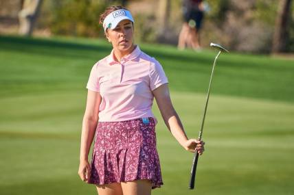 Georgia Hall watches after a putt on the 18th hole during the final round of the LPGA Drive On Championship on the Prospector Course at Superstition Mountain Golf and Country Club in Gold Canyon on March 26, 2023.

Lpga At Superstition Mountain Final Round