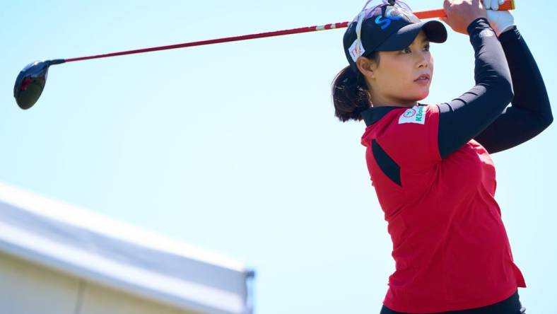 Moriya Jutanugarn tees off on the first hole during the final round of the LPGA Drive On Championship on the Prospector Course at Superstition Mountain Golf and Country Club in Gold Canyon on March 26, 2023.

Lpga At Superstition Mountain Final Round