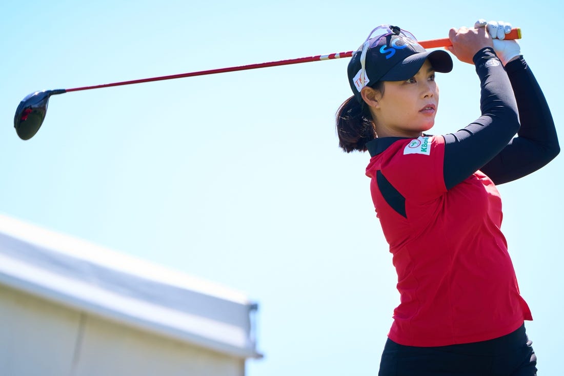 Moriya Jutanugarn tees off on the first hole during the final round of the LPGA Drive On Championship on the Prospector Course at Superstition Mountain Golf and Country Club in Gold Canyon on March 26, 2023.

Lpga At Superstition Mountain Final Round