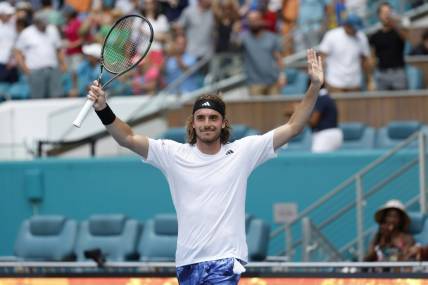 Mar 27, 2023; Miami, Florida, US; Stefanos Tsitsipas (GRE) celebrates after his match against Cristian Garin (CHI) (not pictured) on day eight of the Miami Open at Hard Rock Stadium. Mandatory Credit: Geoff Burke-USA TODAY Sports